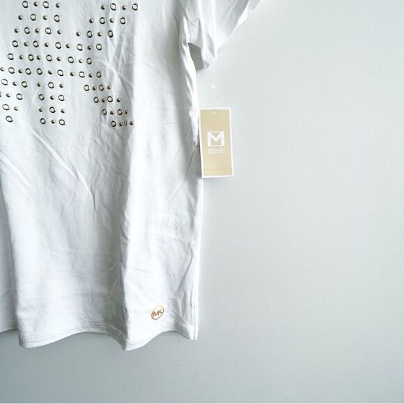 Michael Michael Kors White T-shirt Gold Bling MK Logo Stud Cotton Women's S NWT - Picture 3 of 8